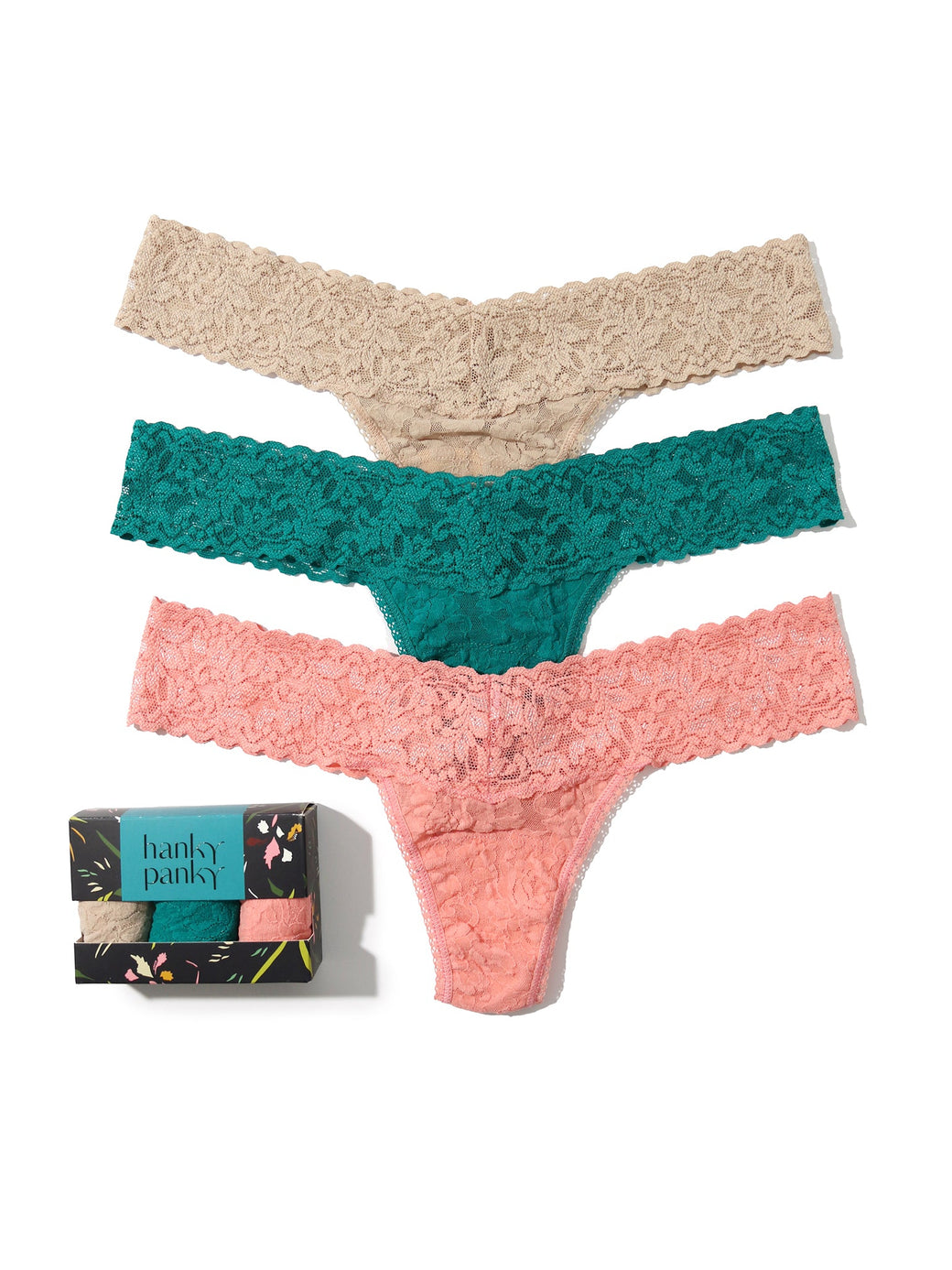 3 Pack Signature Lace Low Rise Thongs In Printed Box Chai/Dark Teal/Ballet Pink