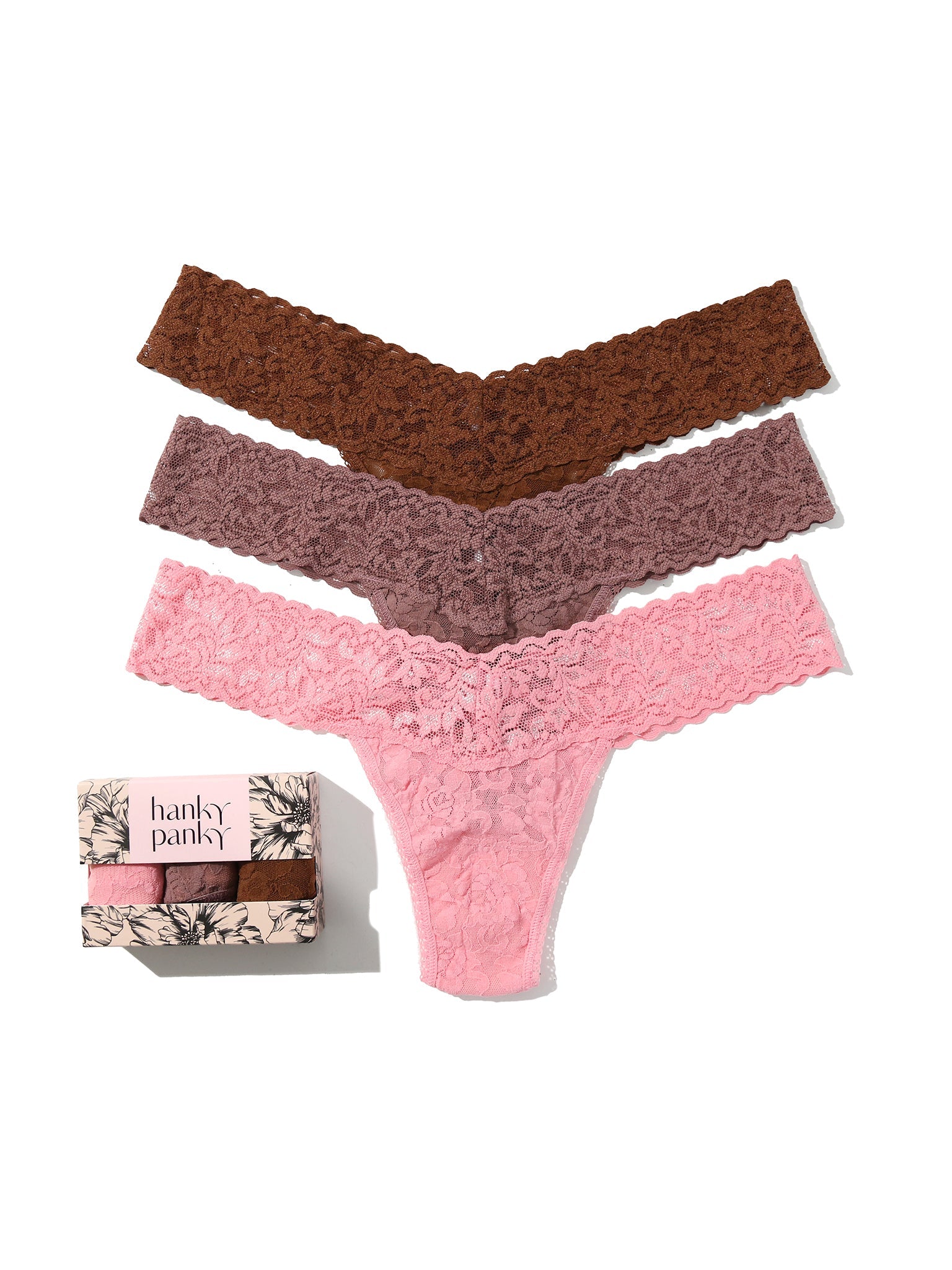 3 Pack Signature Lace Low Rise Thongs In Printed Box Pink Lady/Artichoke Heart/Macchiato Brown