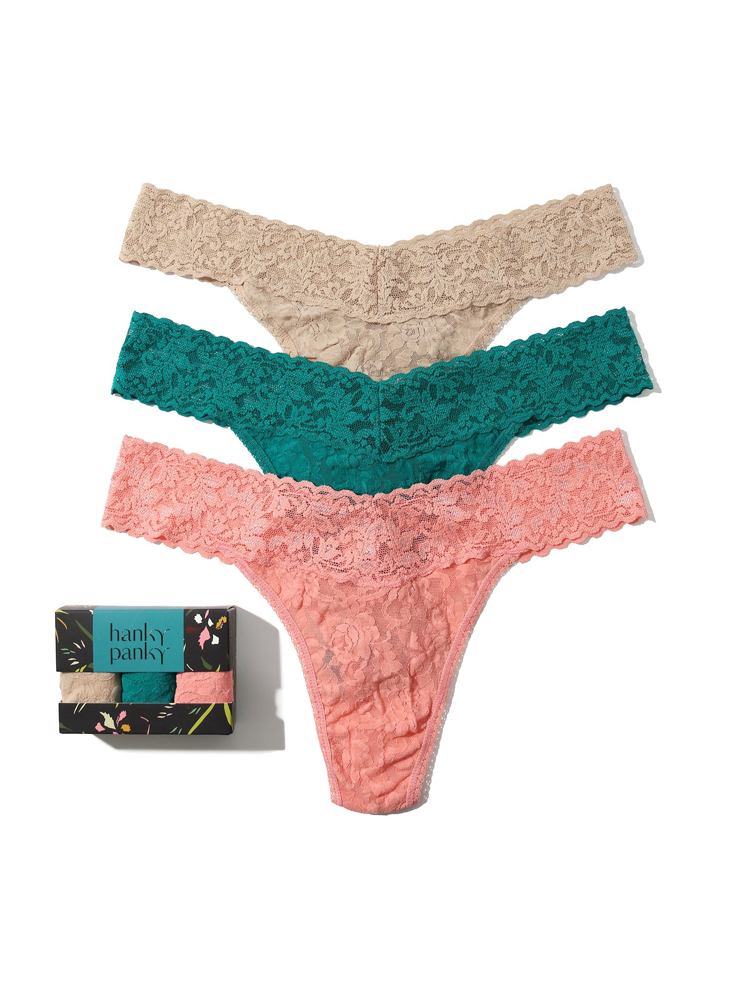 3 Pack Signature Lace Original Rise Thongs In Printed Box Chai/Dark Teal/Ballet Pink