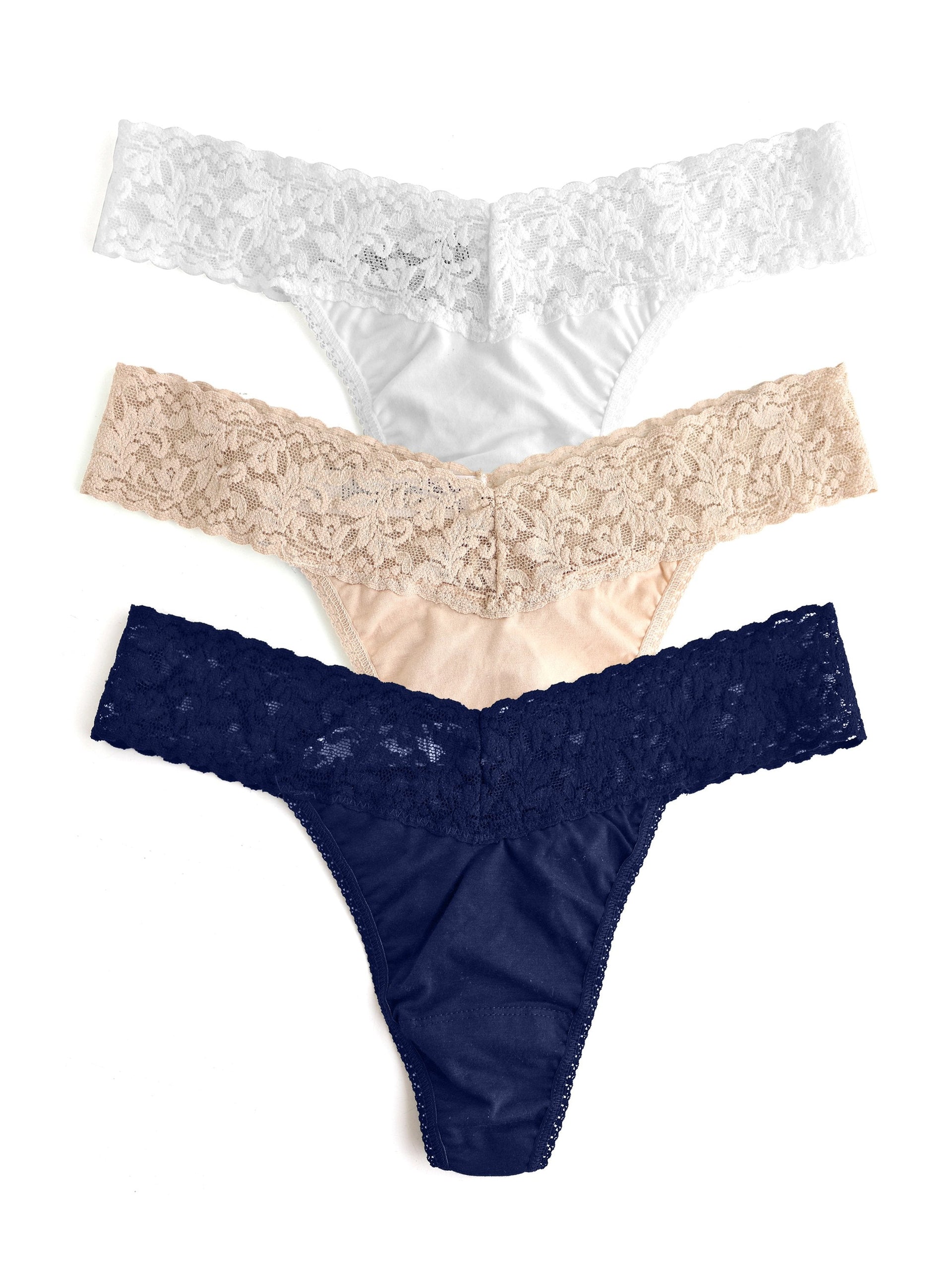 3 Pack Supima® Cotton Original Rise Thongs with Lace White/Chai/Navy | Hanky Panky