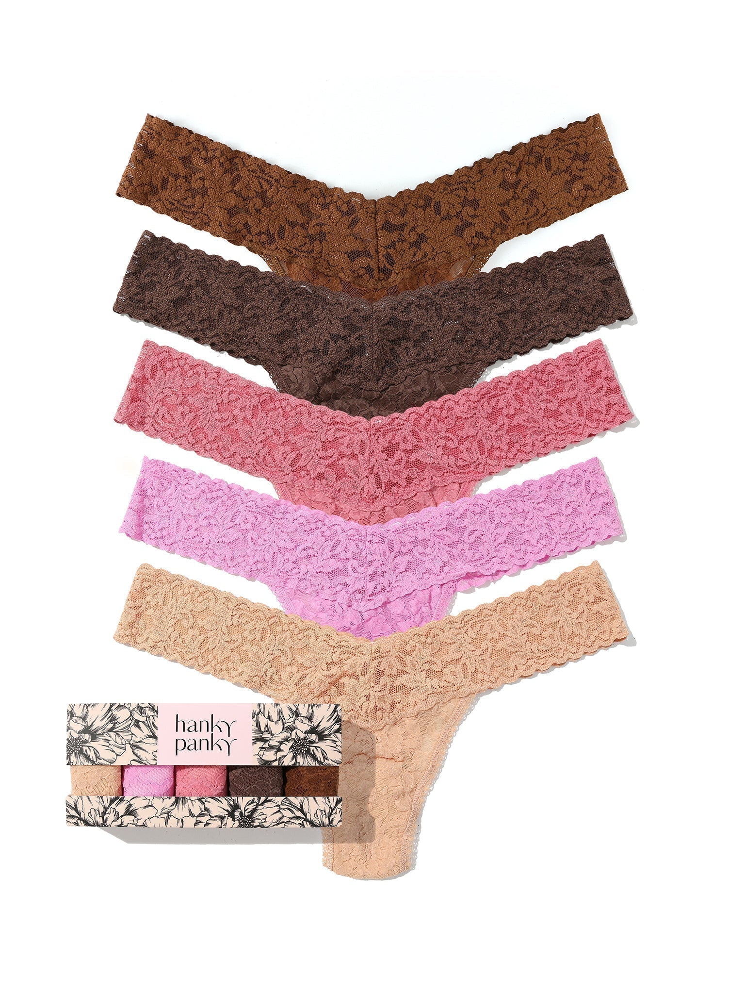 5 Pack Signature Lace Low Rise Thongs In Printed Box Macchiato/Drifting Horizon/Pink Quartz/Cappuccino/Chocolate Noir