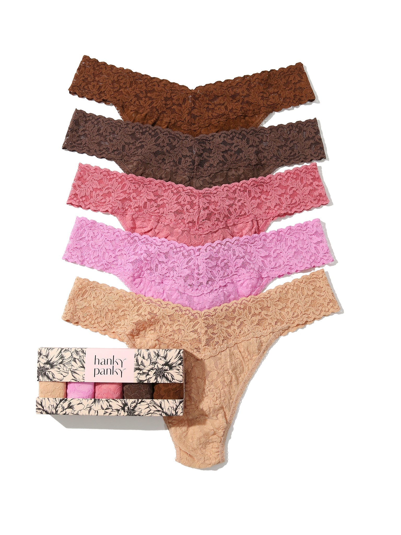 5 Pack Signature Lace Original Rise Thongs In Printed Box Macchiato/Drifting Horizon/Pink Quartz/Cappuccino/Chocolate Noir