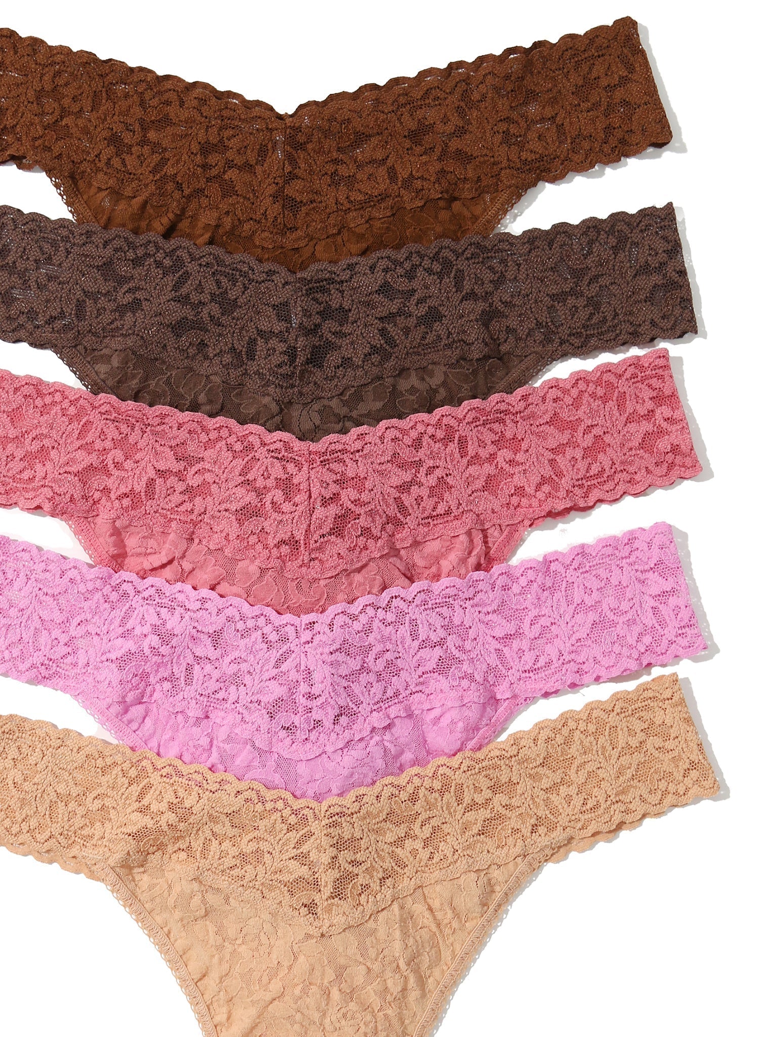 5 Pack Signature Lace Original Rise Thongs In Printed Box Macchiato/Drifting Horizon/Pink Quartz/Cappuccino/Chocolate Noir