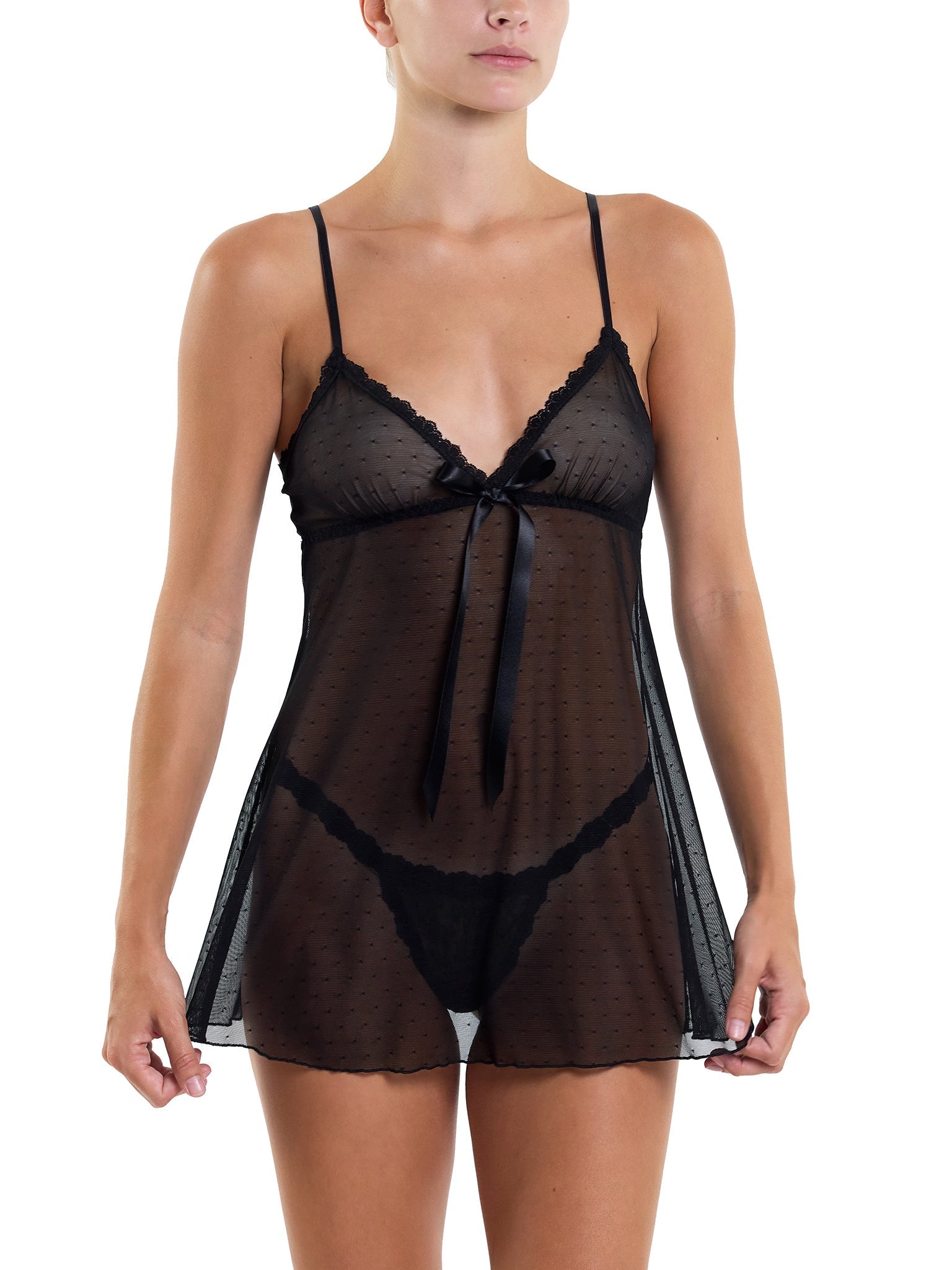 Dotted Tulle Babydoll And G-String Black