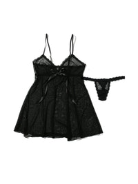 Dotted Tulle Babydoll And G-String Black