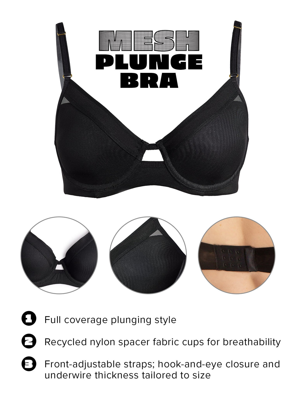 Lined Mesh Plunge Bra Black