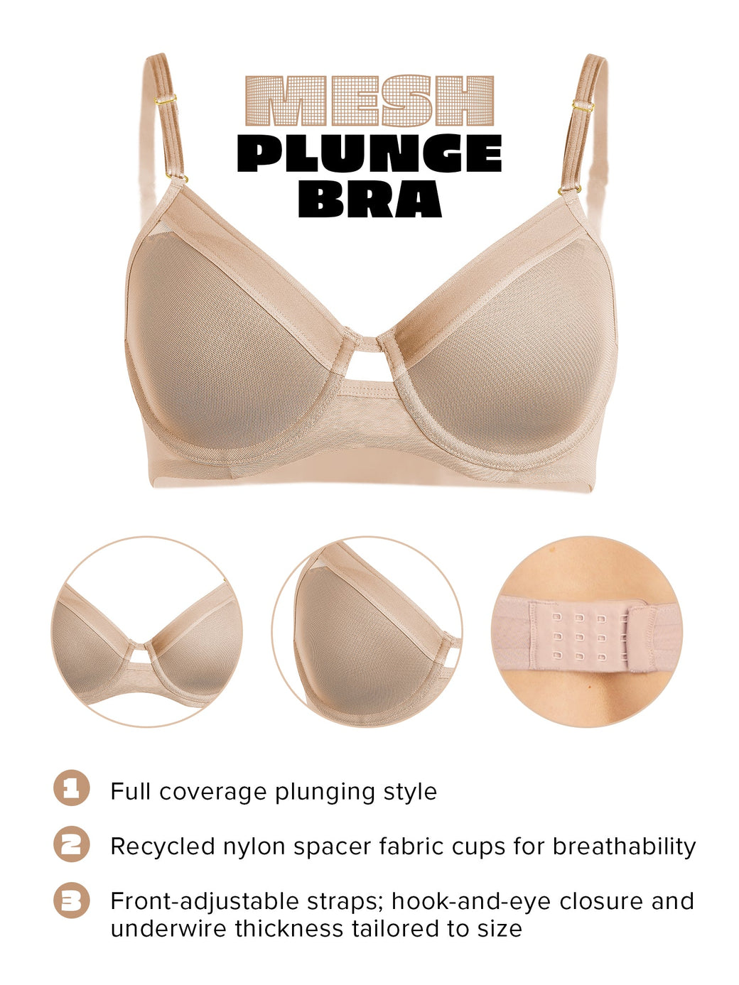 Lined Mesh Plunge Bra Chai