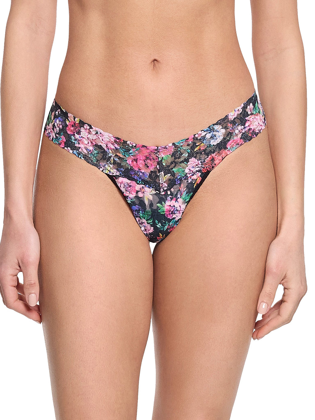 Printed Signature Lace Low Rise Thong Dark Peonies