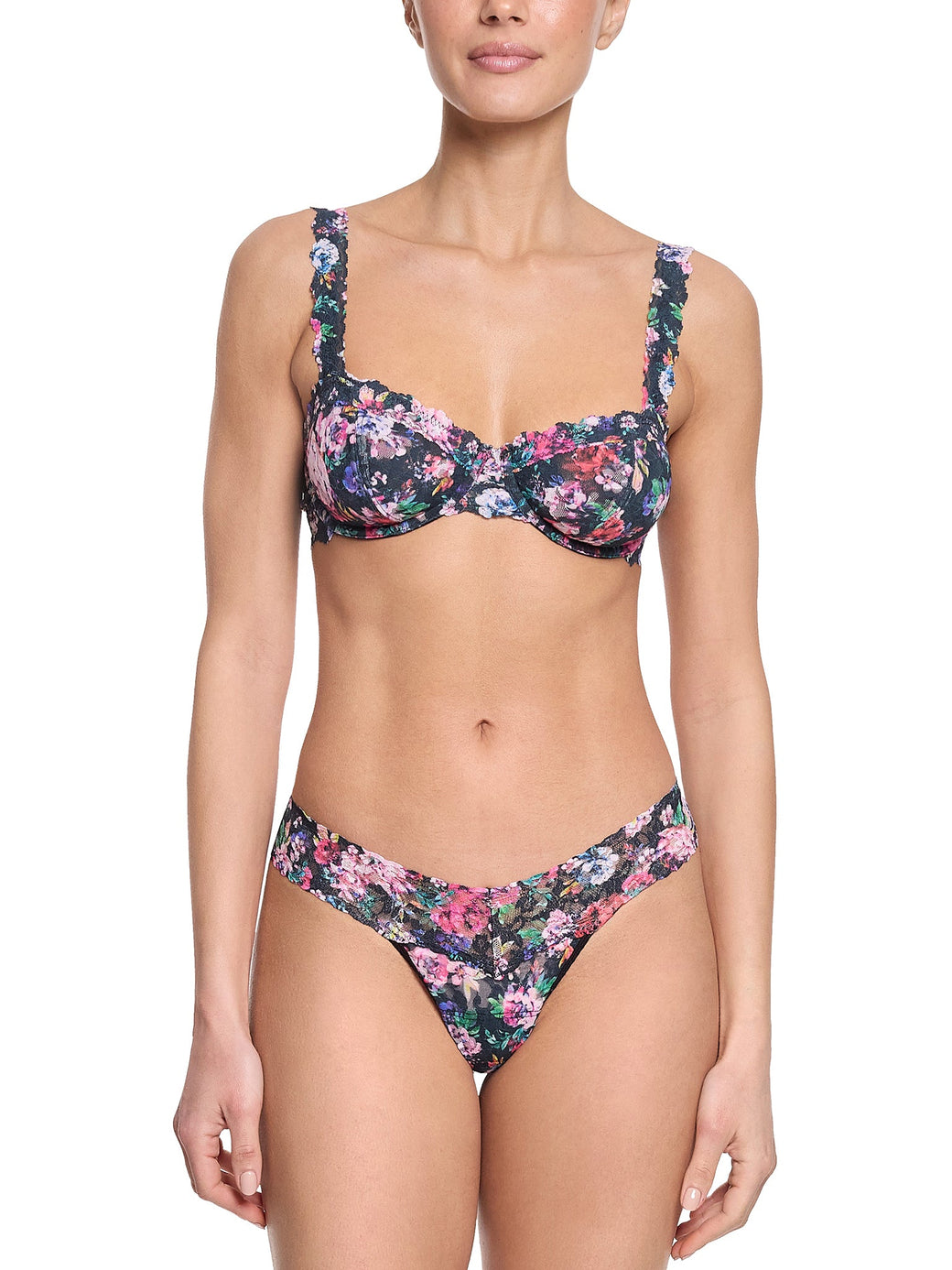 Printed Signature Lace Low Rise Thong Dark Peonies