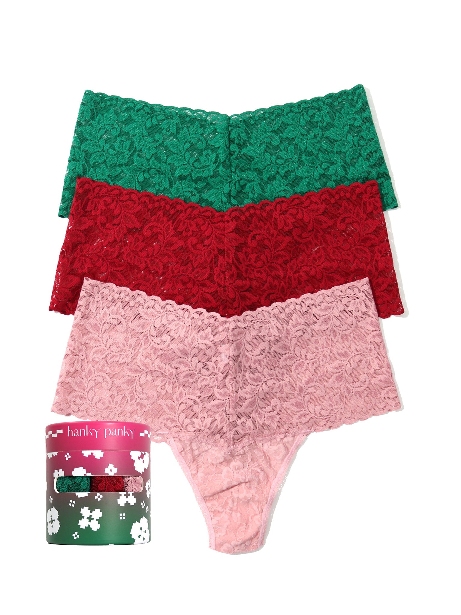 Retro Lace Retro Thong Holiday 3 Pack Green Queen/French Bordeaux Red/Meadow Rose Pink