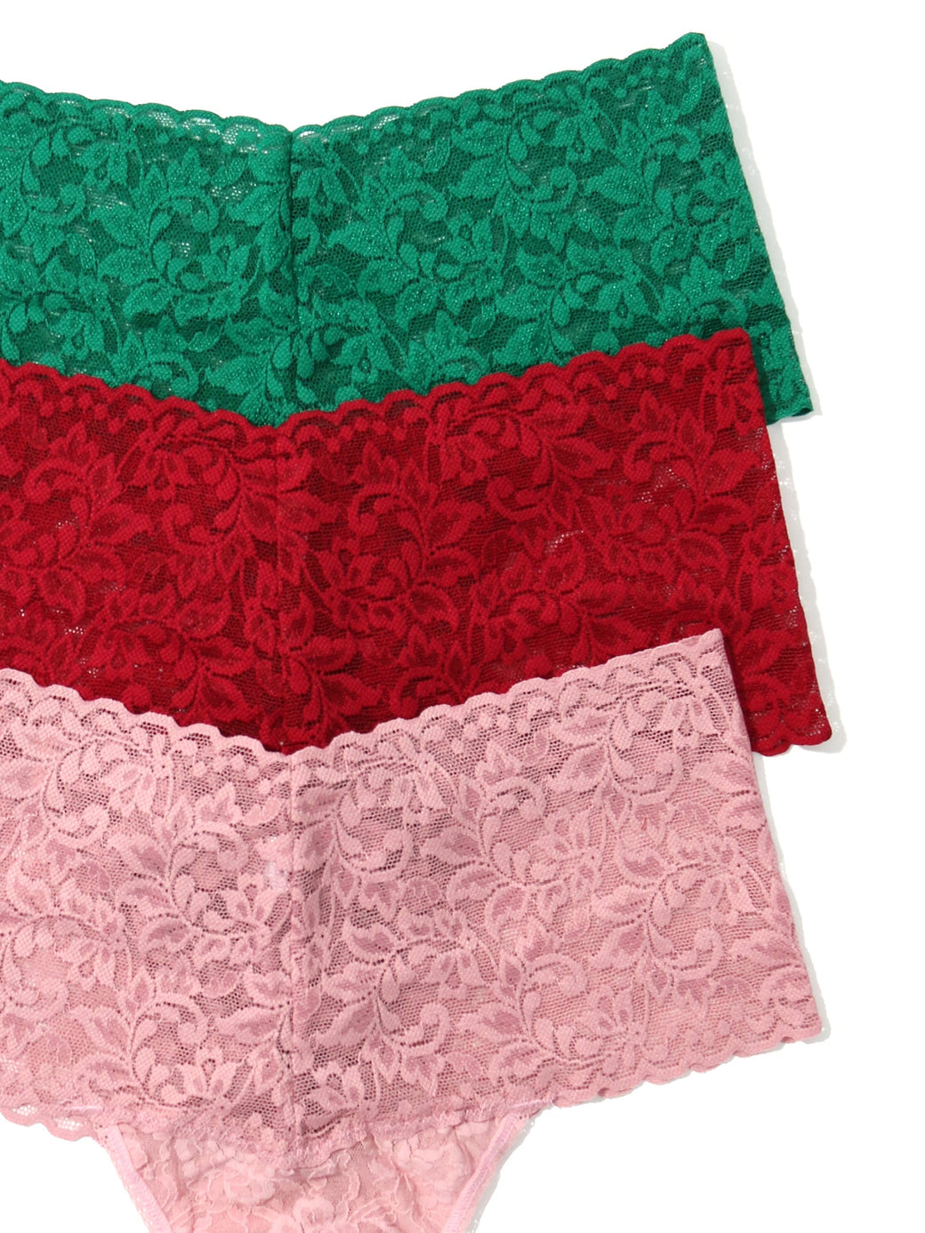 Retro Lace Retro Thong Holiday 3 Pack Green Queen/French Bordeaux Red/Meadow Rose Pink