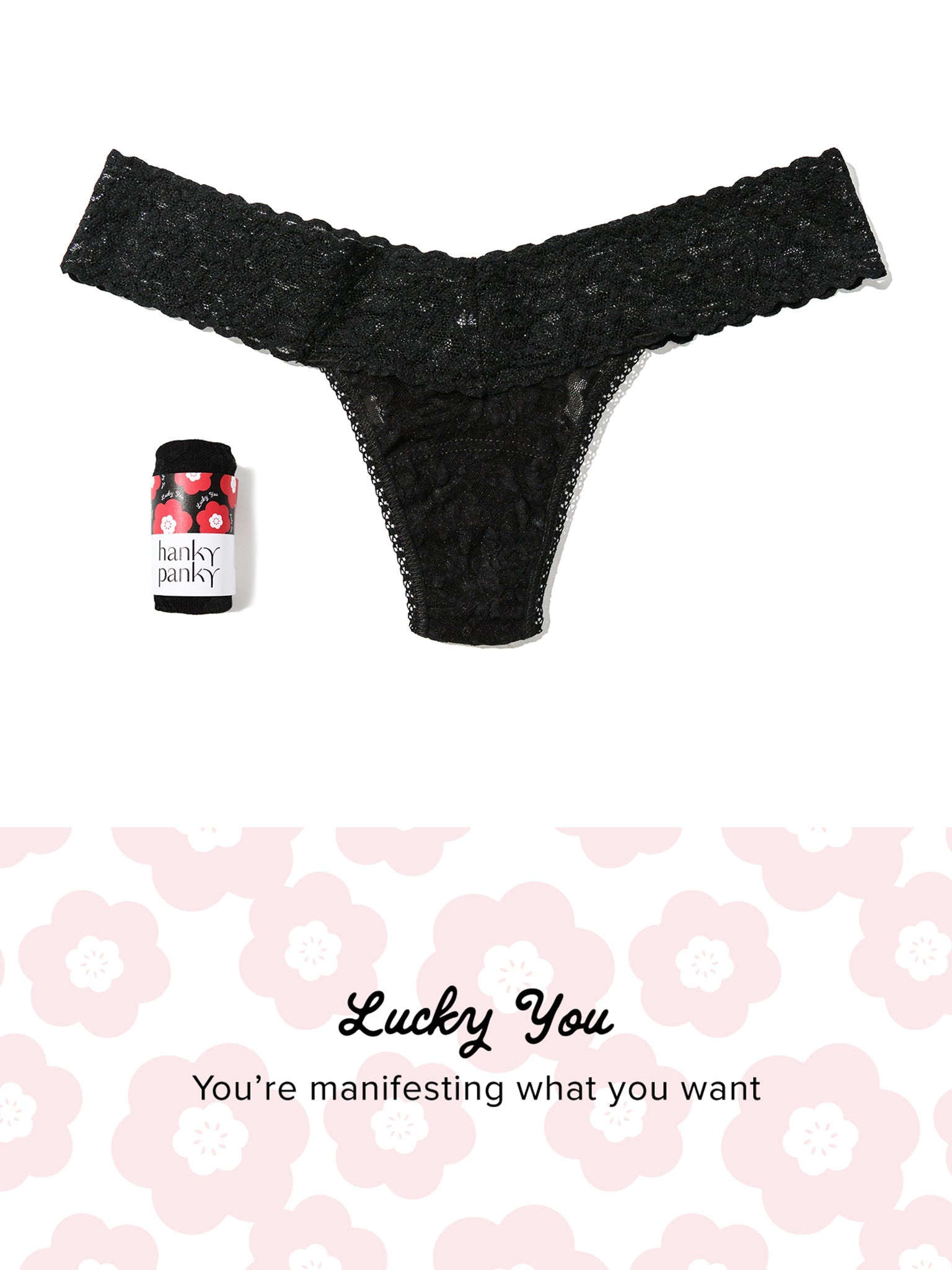 Signature Lace Low Rise Thong Fortune Cookie Black