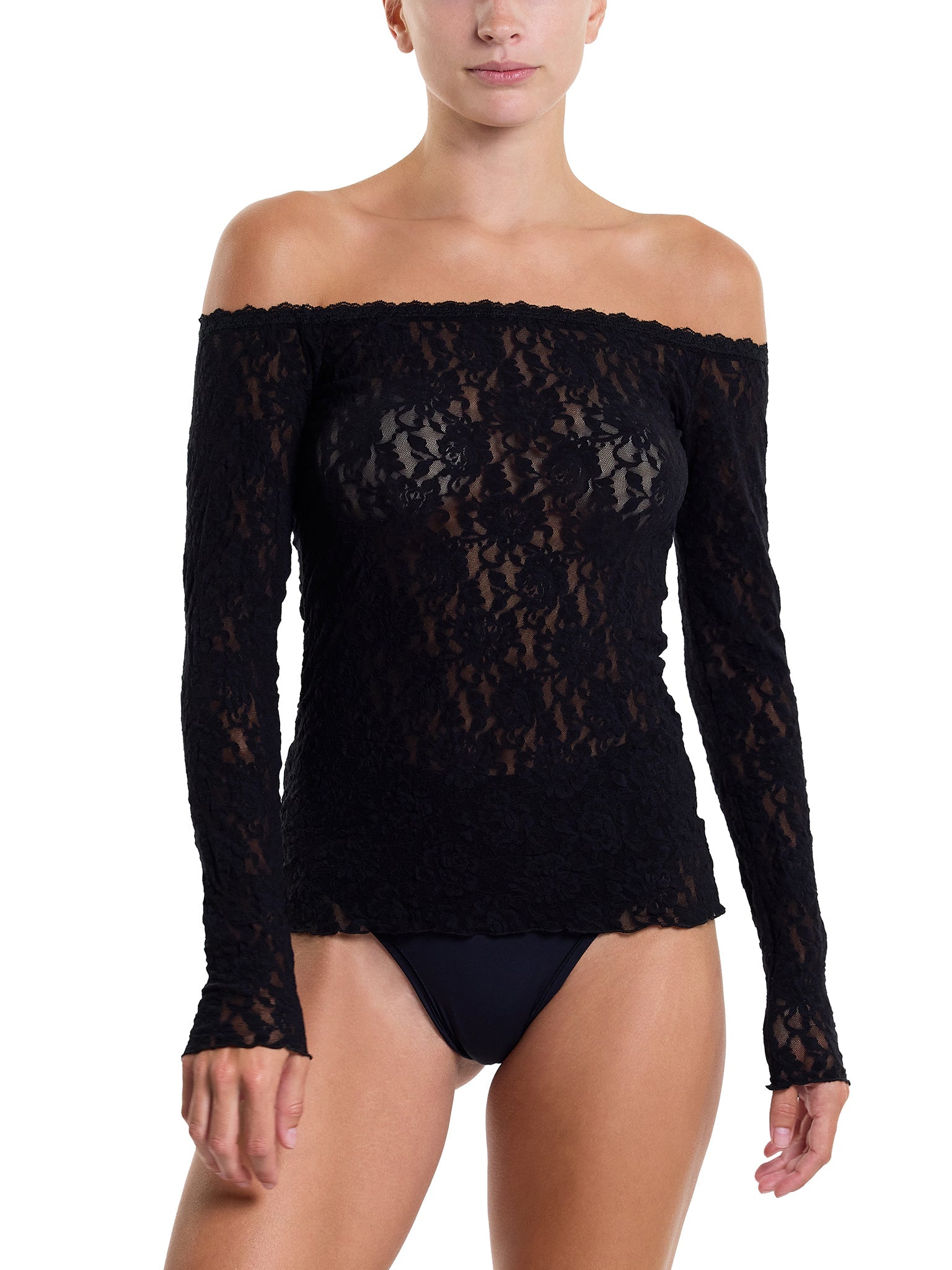 Signature Lace Off The Shoulder Long Sleeve Top Black