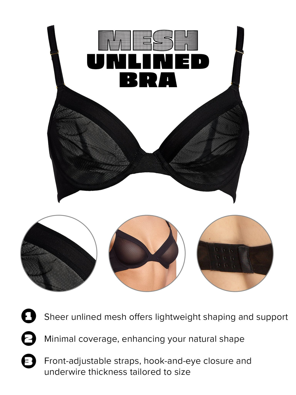 Unlined Mesh Underwire Bra Black